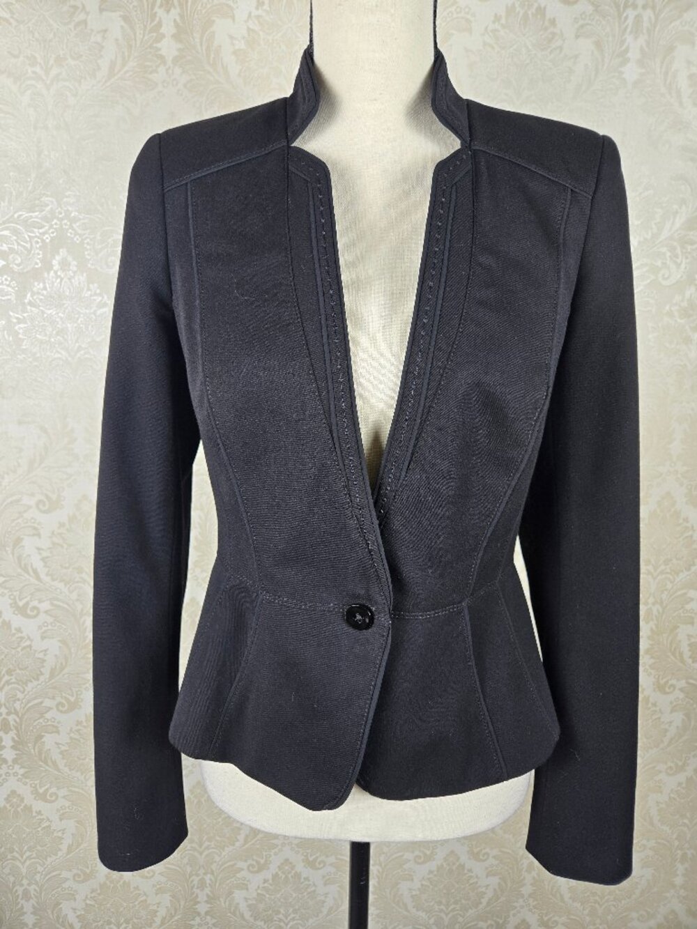 WHBM Size 2 Black Blazer 1 Button Close Structured Mandarin Collar Peplum Style